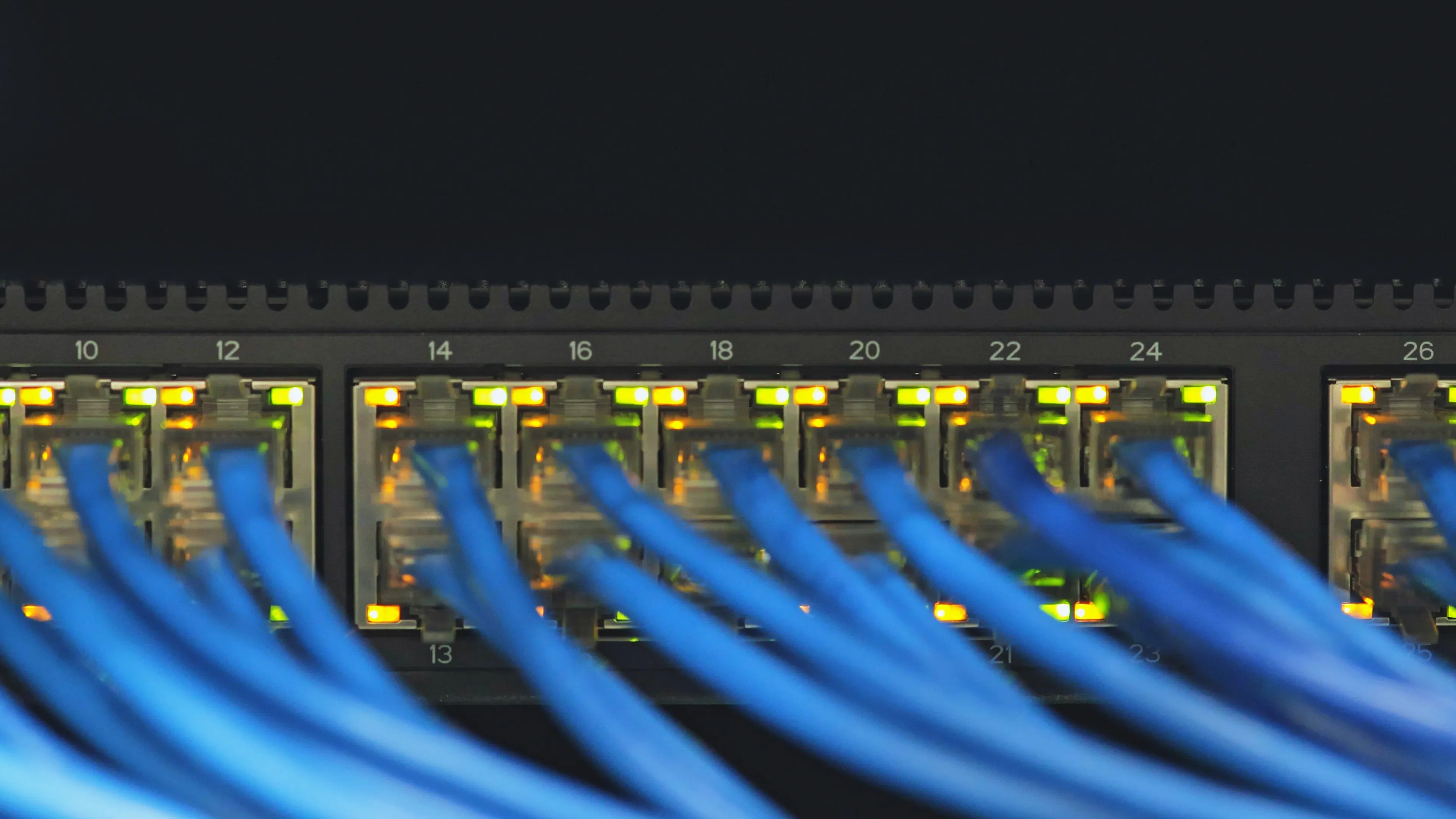 Neatly dressed blue ethernet cables running into a network patch panel with amber and green status LEDs — the finished result.