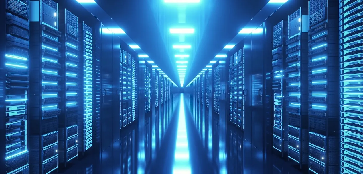 A data centre aisle of server racks.