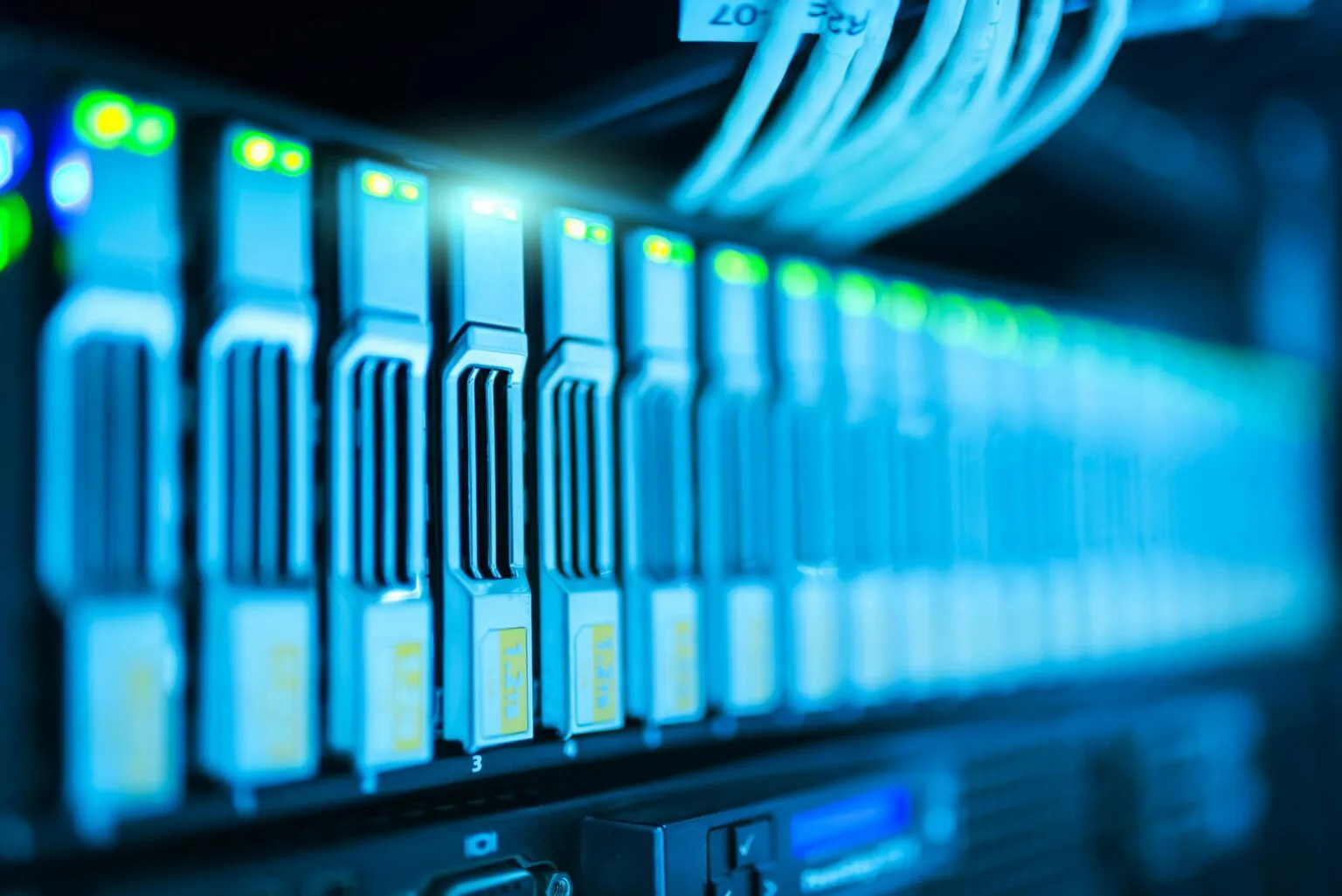 A row of rack-mounted servers.