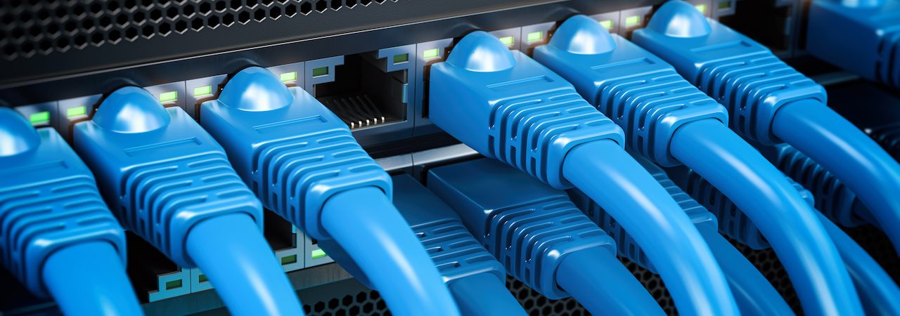 Network LAN internet cables connected in network switches. Server in data center. Network LAN internet cables connected in network switches. Server in data center. 3d illustration